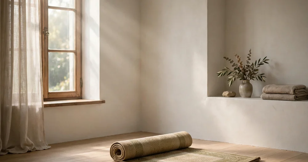 A quiet prayer room with a rolled prayer mat and soft morning light through a window
