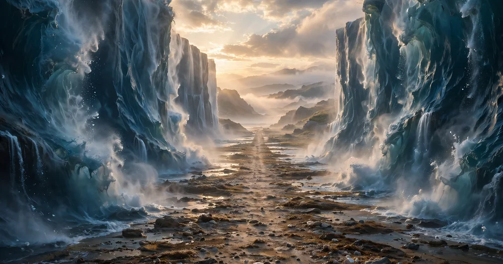 A sea parted into two towering walls of water at dawn, the crossing of Musa