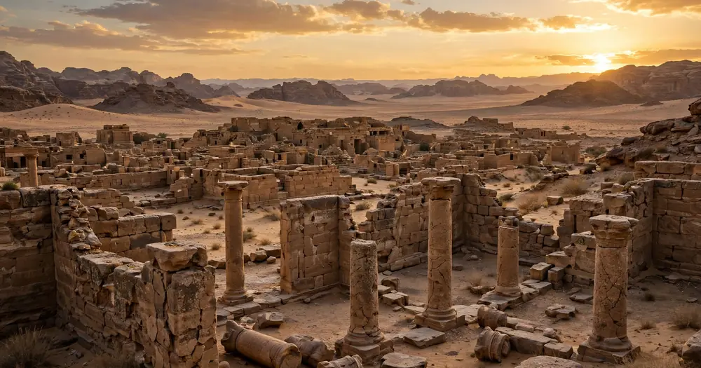 Ancient stone ruins of a desert city under a golden evening sky