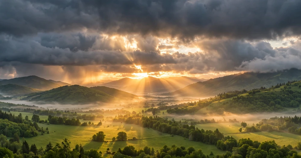 A sunrise breaking through clouds over a green valley, light streaming down