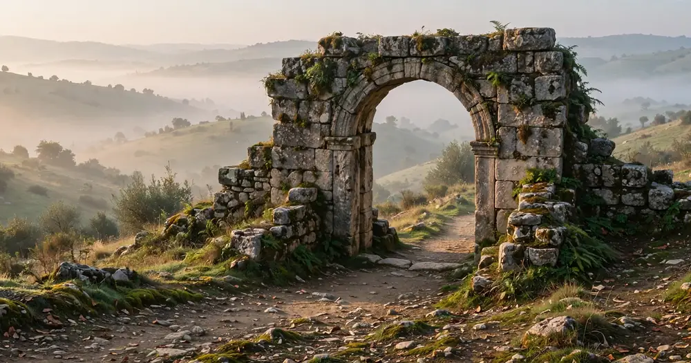 Ancient stone gates standing open on a hillside path at dawn