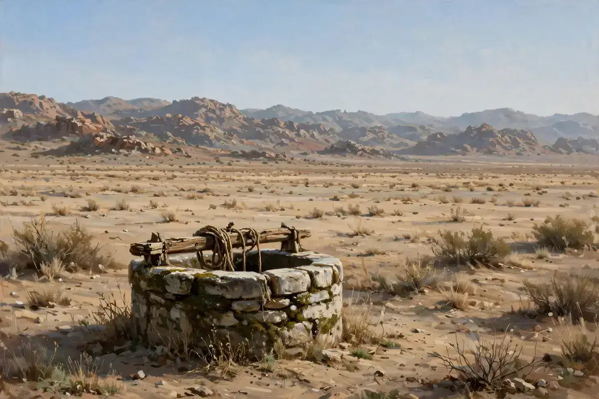 A wide desert plain with distant rocky hills and an old stone well