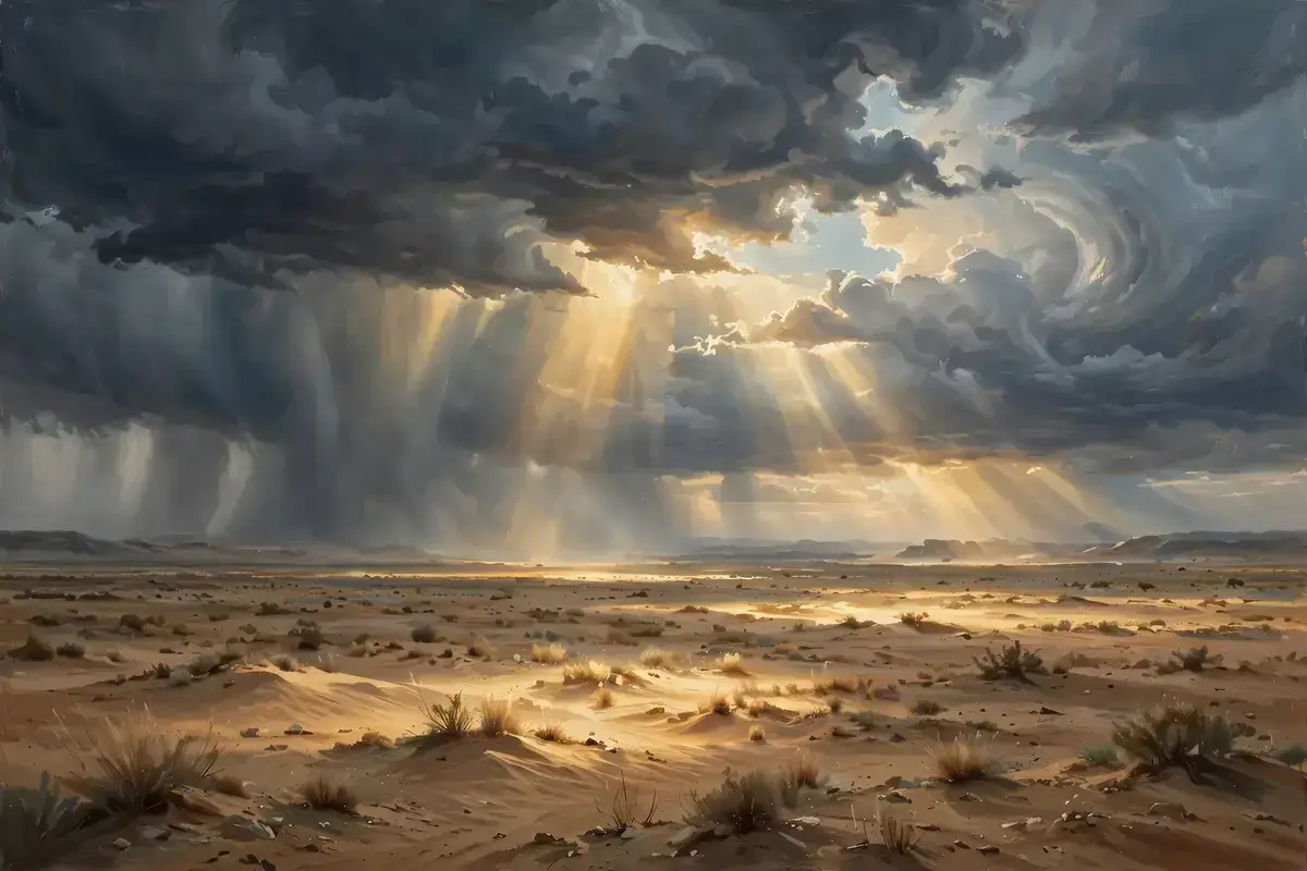 Dark storm clouds breaking over a desert plain with light shining through