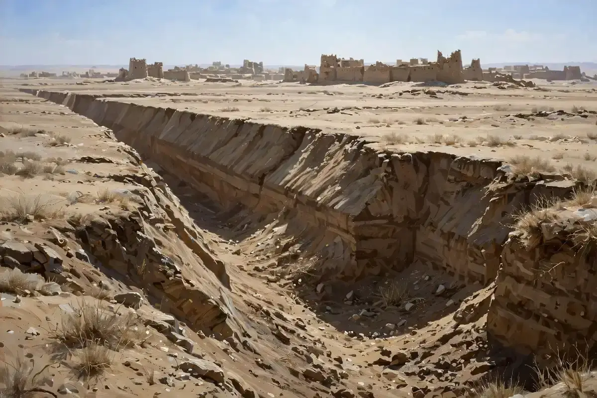 A deep defensive trench cut across a desert plain before ancient city walls