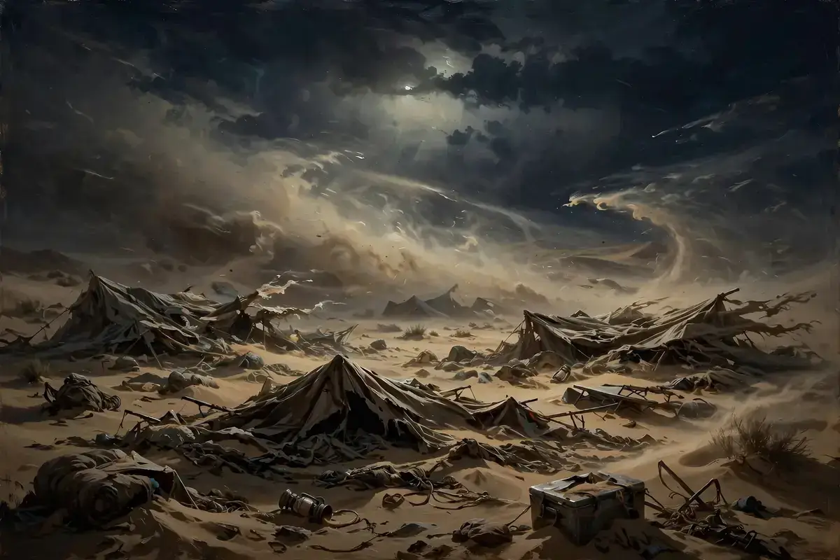 A violent desert sandstorm sweeping over an empty camp at night