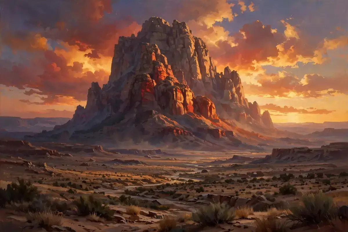 A great rocky mountain rising above a desert valley at sunset