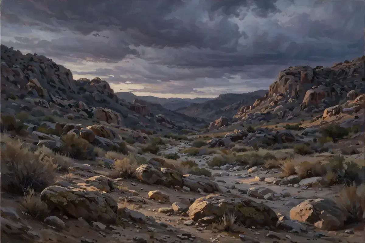 A desert valley between rocky hills under a dramatic cloudy sky