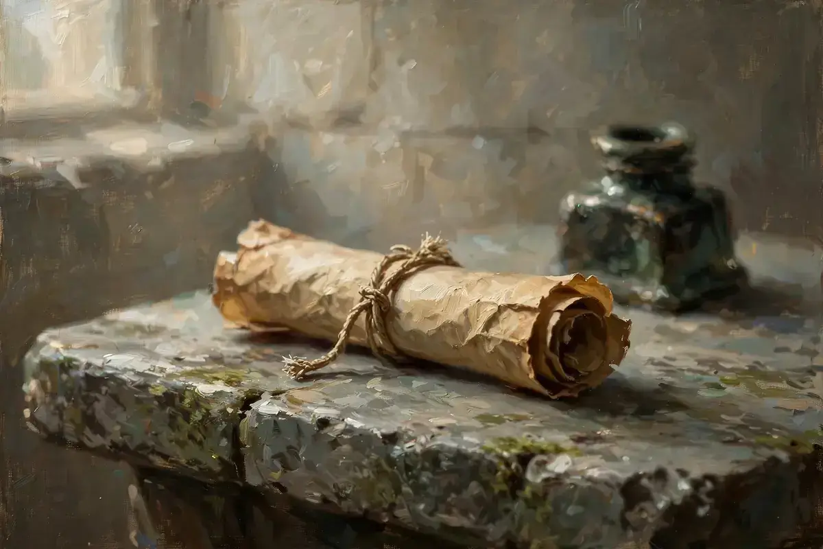 An ancient rolled parchment scroll resting on a stone table
