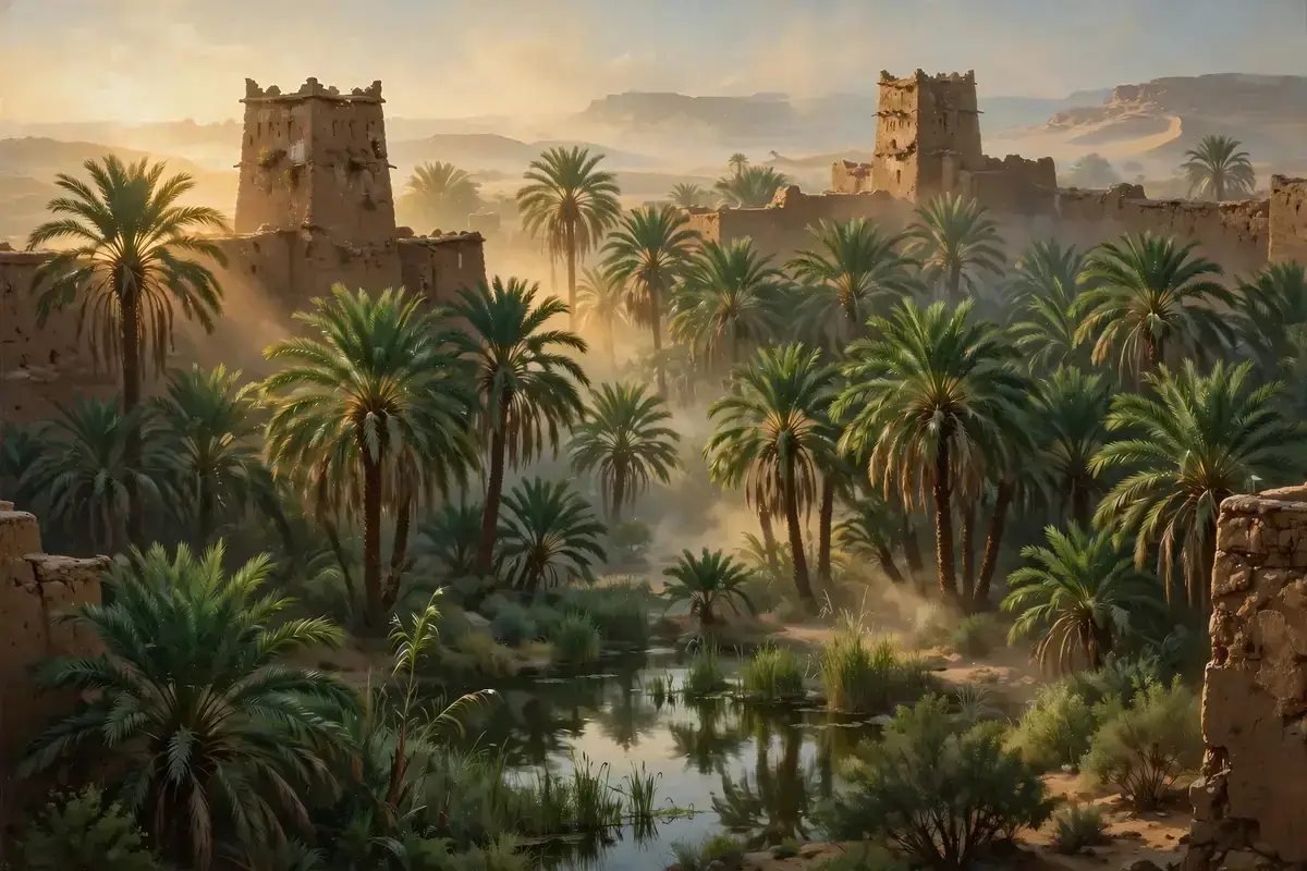 A lush palm grove oasis at dawn with ancient mud-brick walls