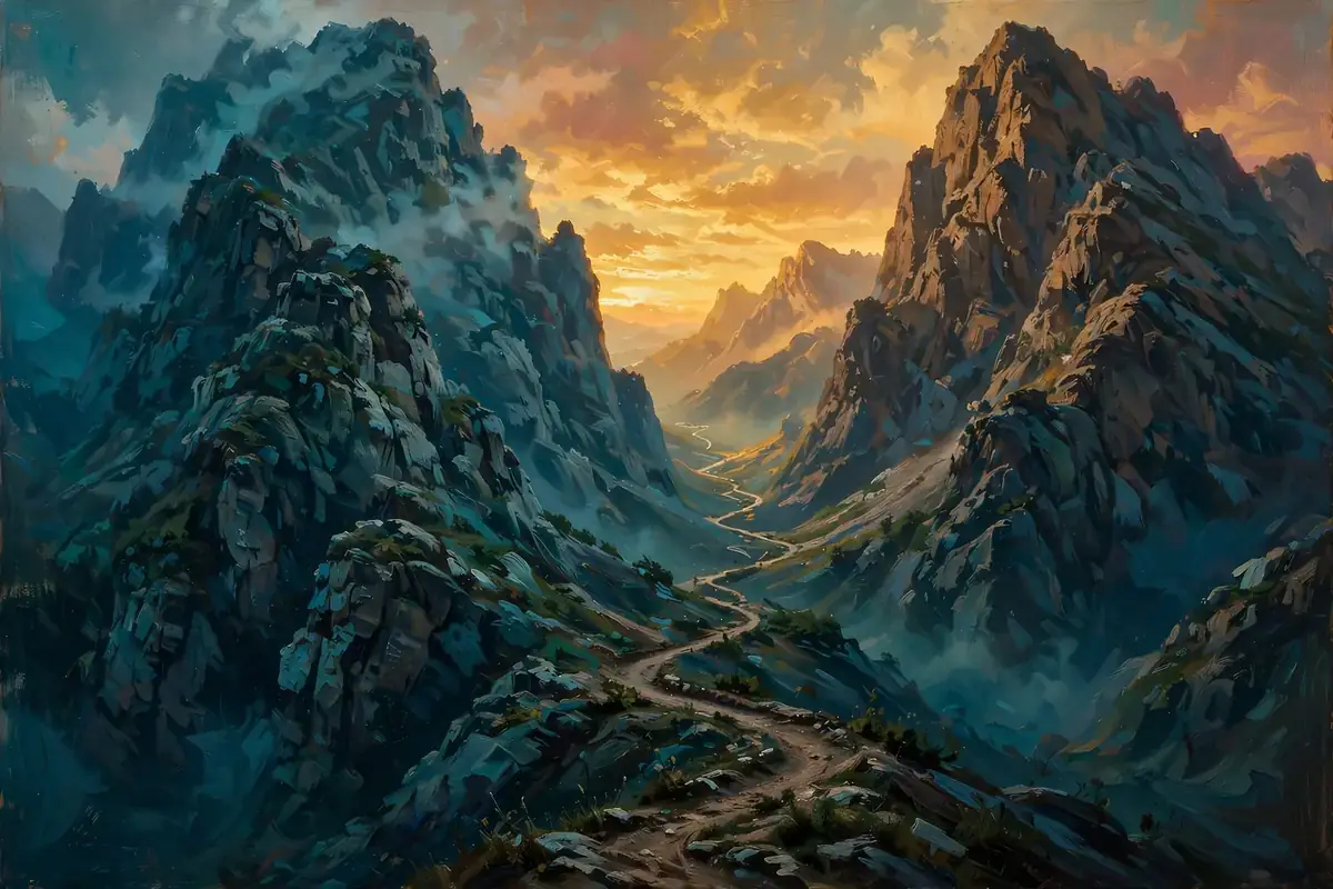 Mountain pass between two peaks at sunset