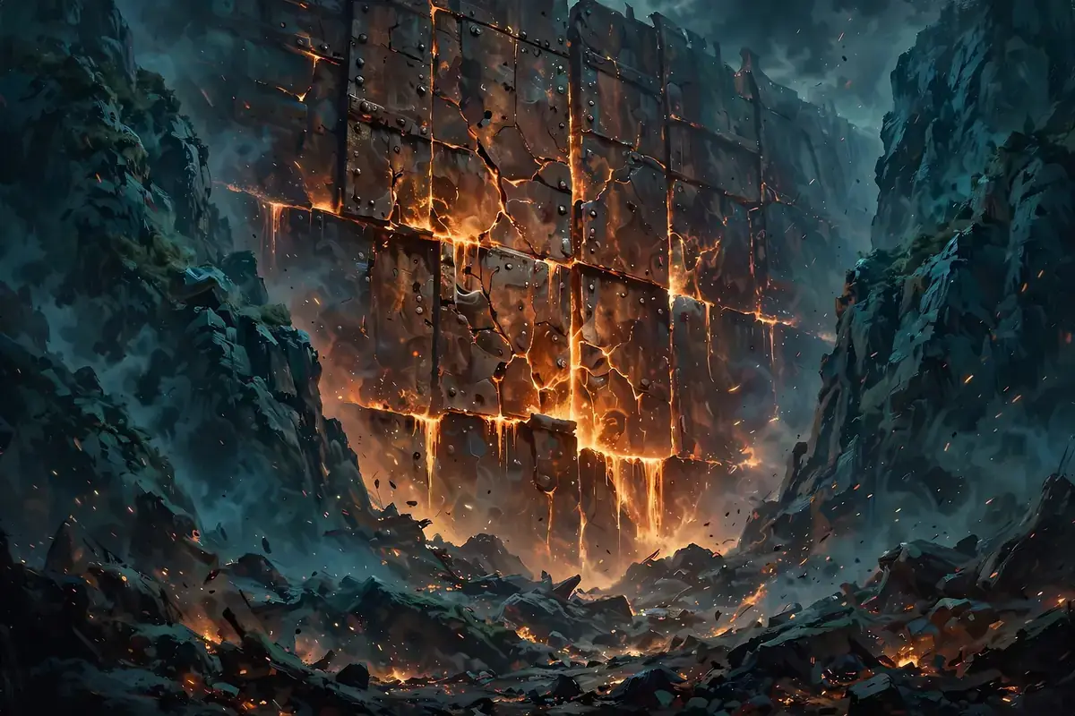 Great iron wall glowing between mountain cliffs