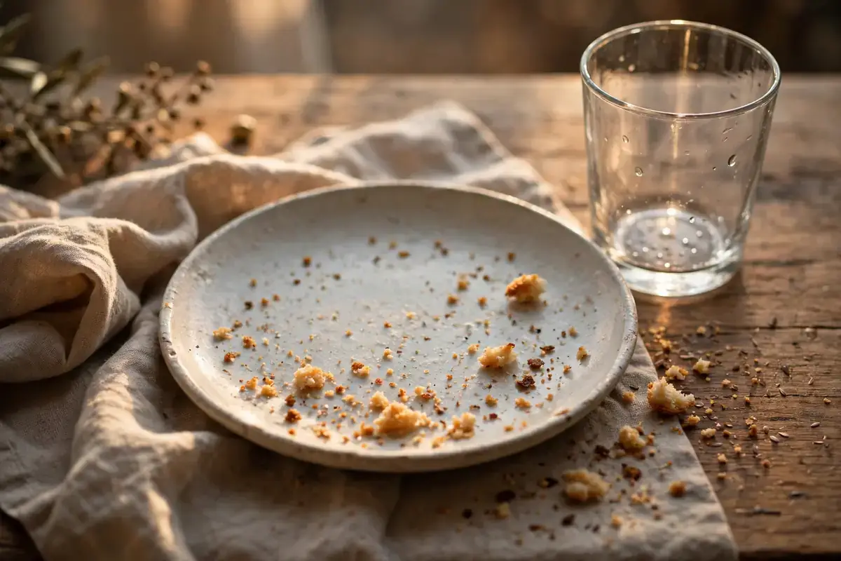 Empty plate with crumbs and a glass in warm light
