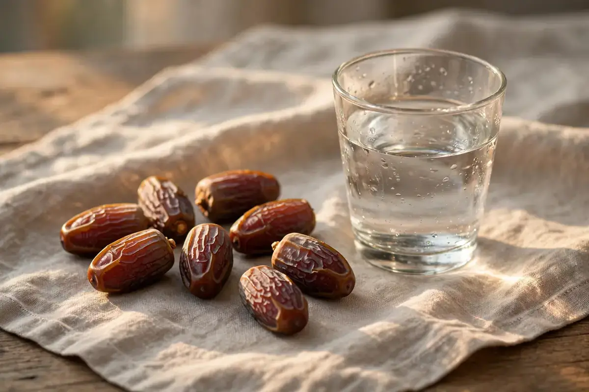 Dates and water arranged simply for a meal