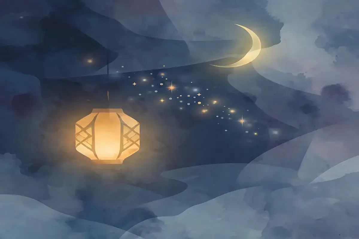 Peaceful night sky with a glowing lantern and crescent