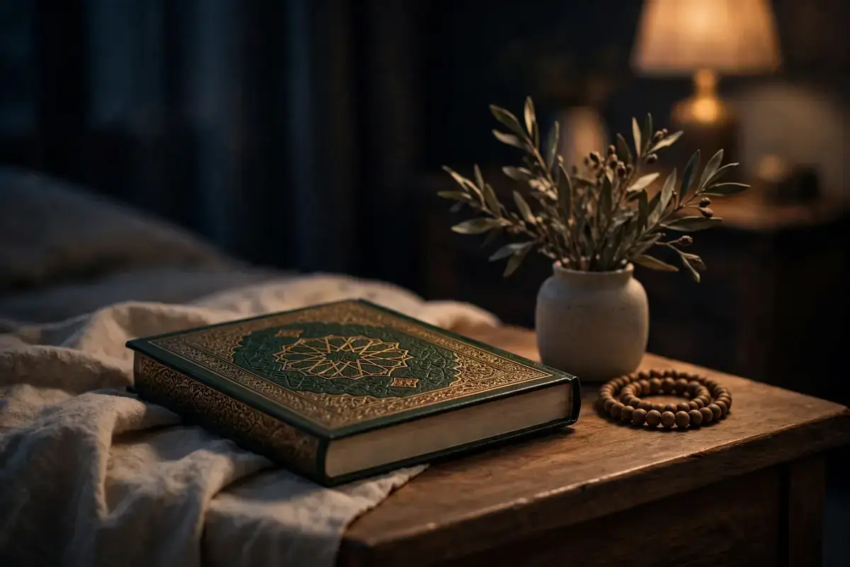 Quran resting on a bedside table under soft warm light