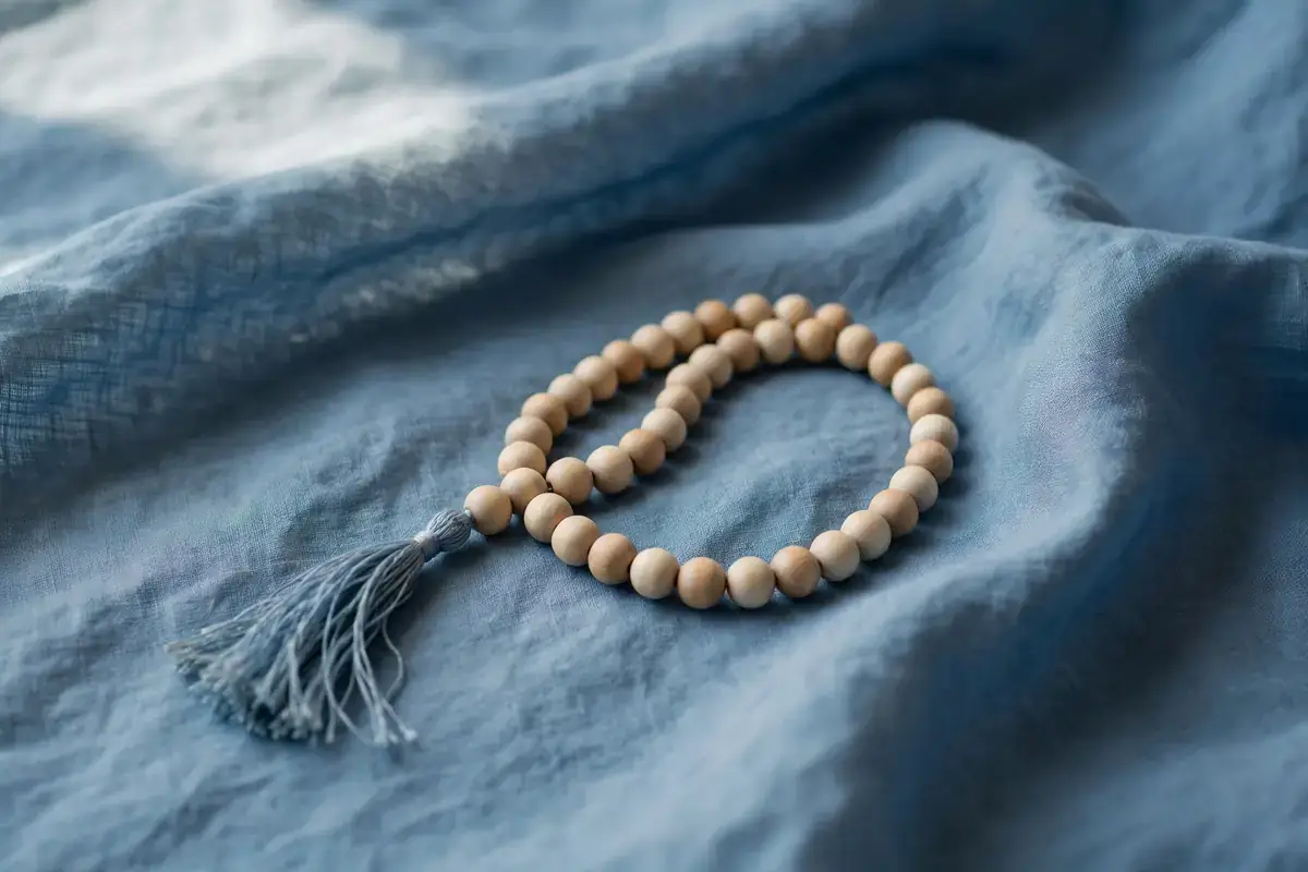 Abstract tasbih prayer beads on calm blue cloth