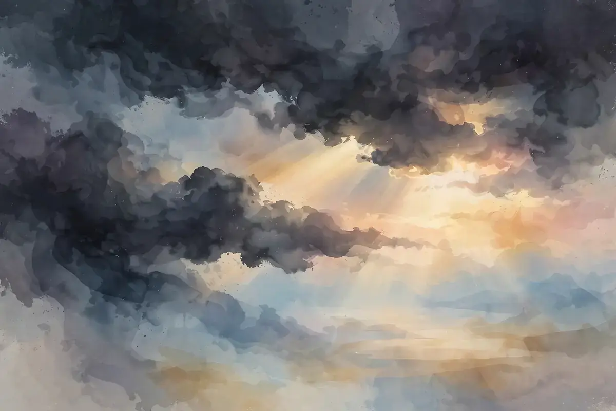 Calm sunrise breaking through dark clouds