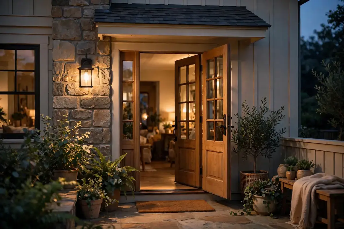 Warm welcoming home entrance with soft light