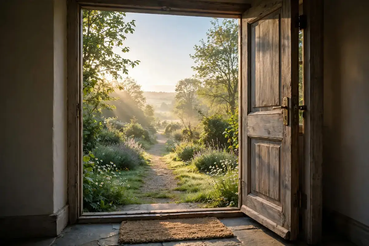 Open door leading to a bright morning path