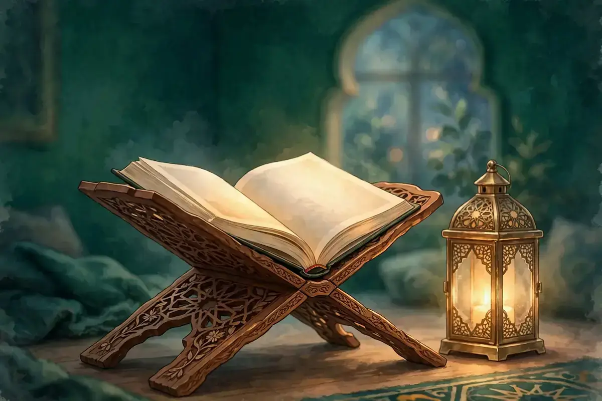 An open Quran on a wooden rehal beside a glowing lantern