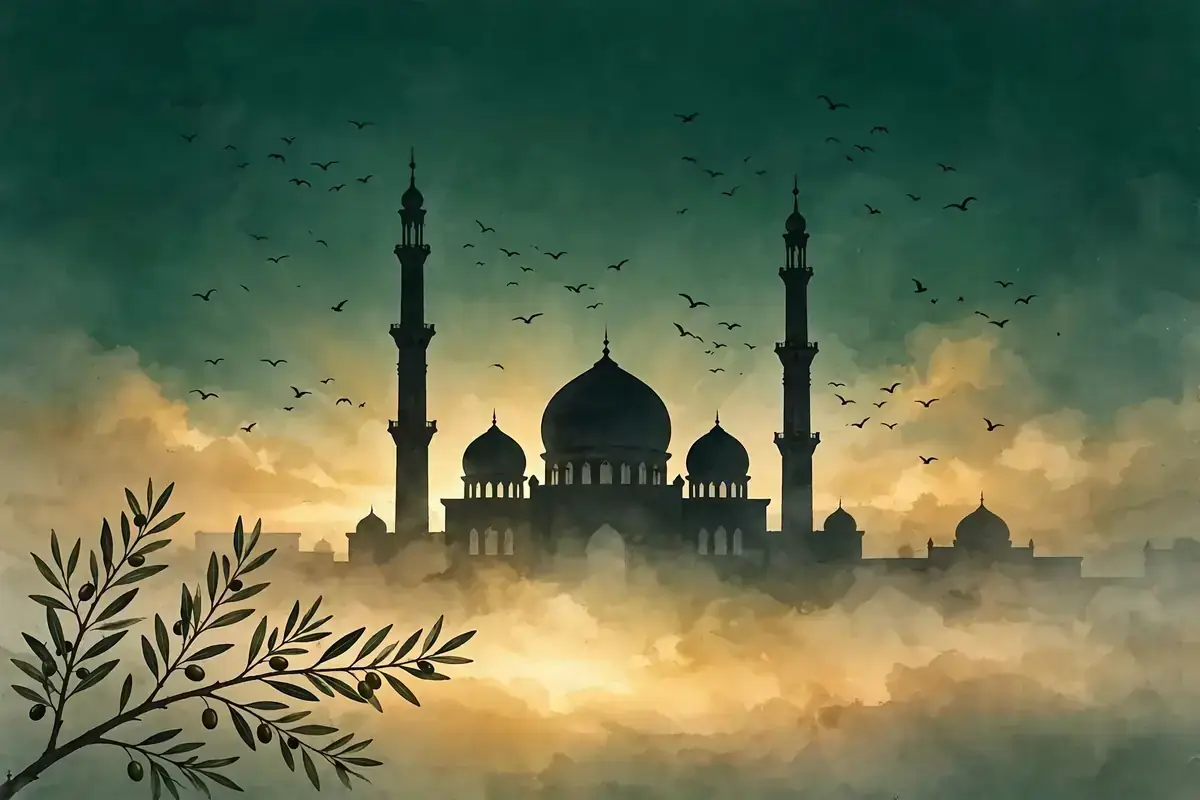 Mosque silhouette at dawn with a soft golden sunrise