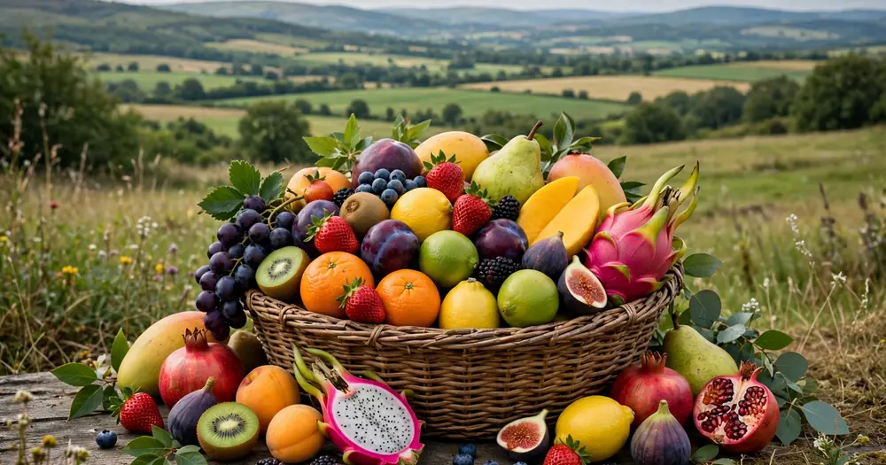 Fruits of many different colors arranged in a woven basket
