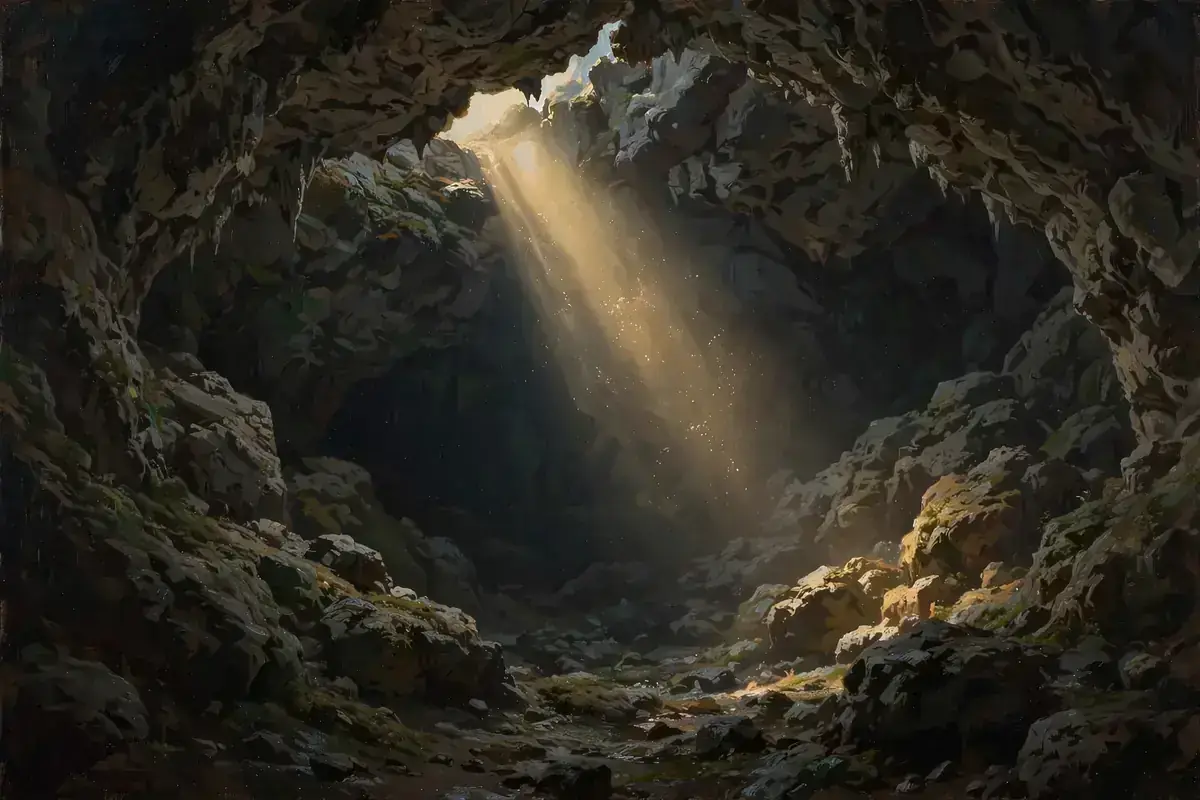 Rocky mountain cave interior with a shaft of light streaming through the opening