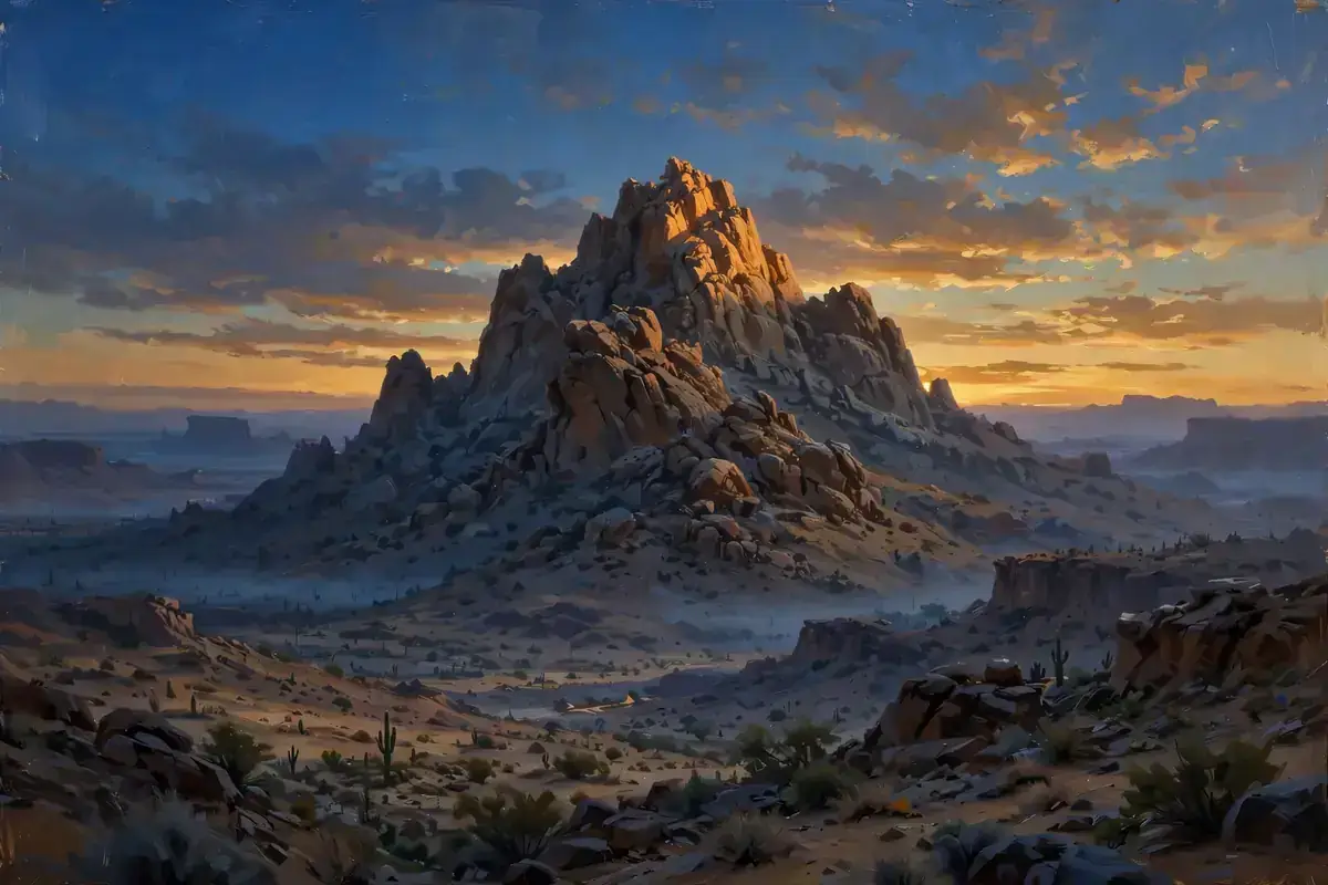 Dawn breaking over a rugged rocky mountain peak