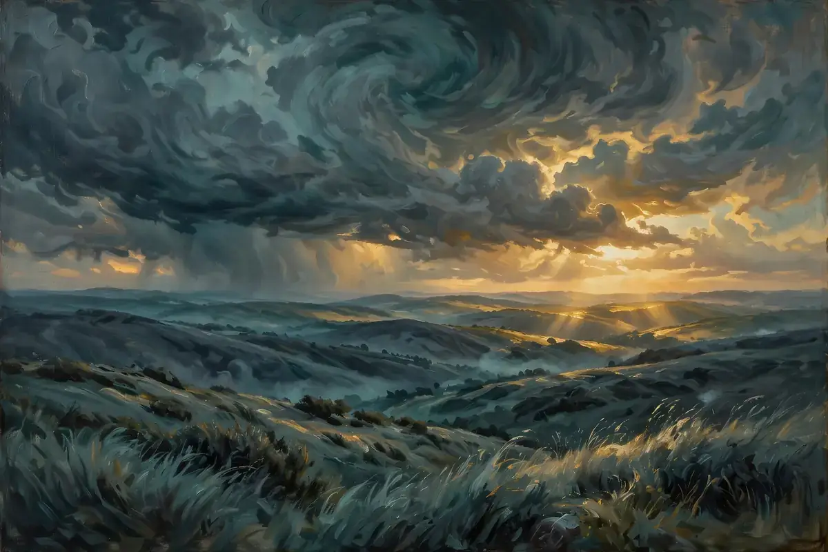 Dark storm clouds gathering over distant hills