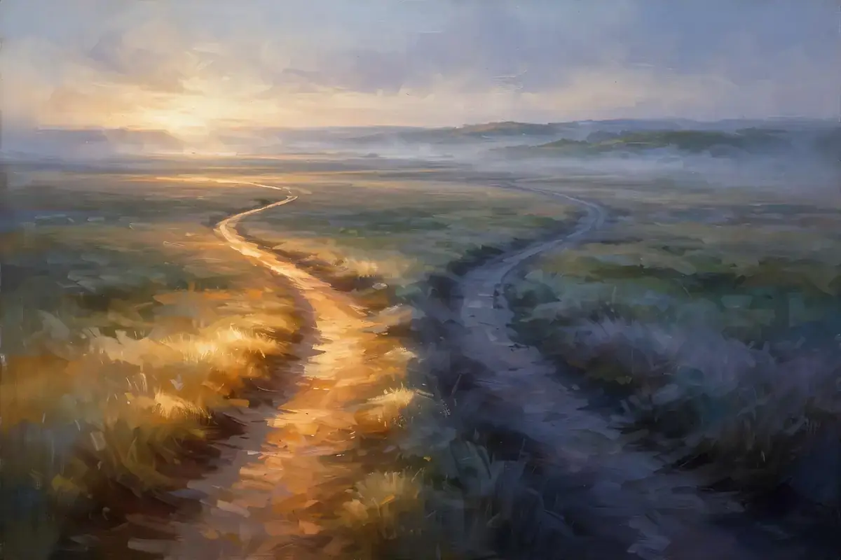 Two paths diverging across an open plain at dawn