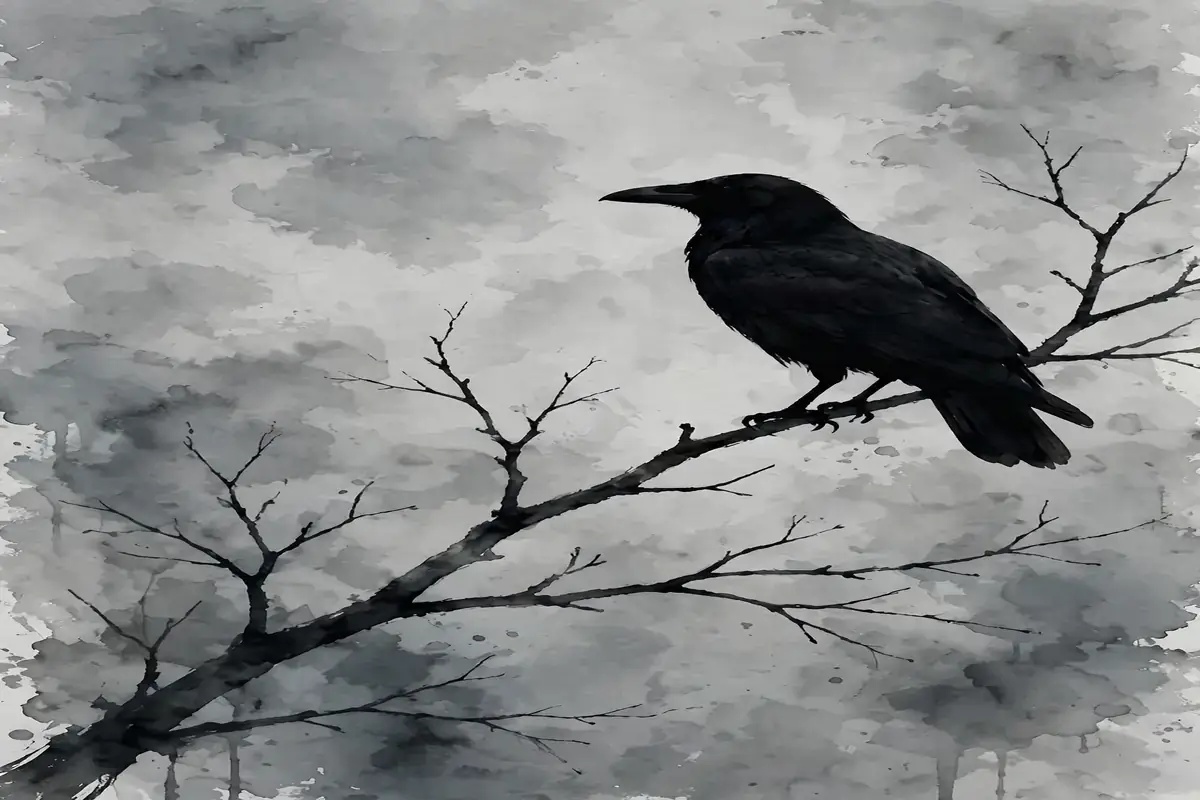Dark crow silhouette perched against a grey sky