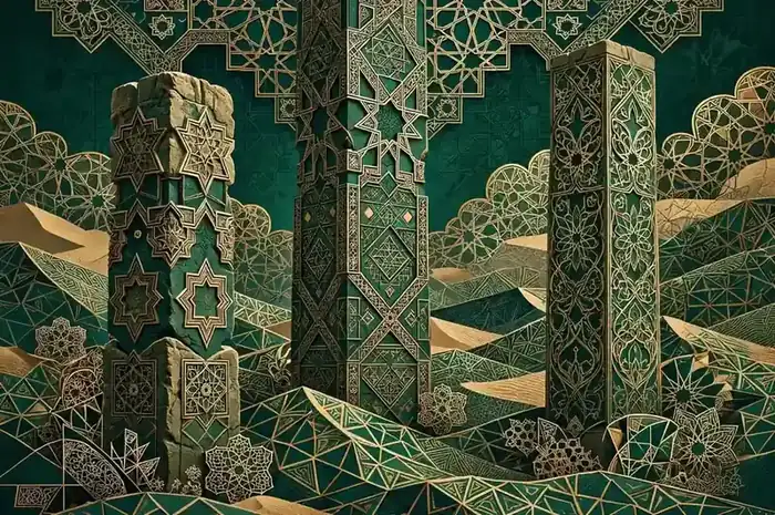 Abstract ancient stone pillars rising in a desert in Islamic geometric art, emerald and gold