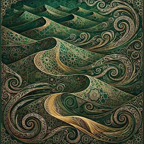 Abstract desert dunes with swirling wind patterns in Islamic geometric art, emerald and gold