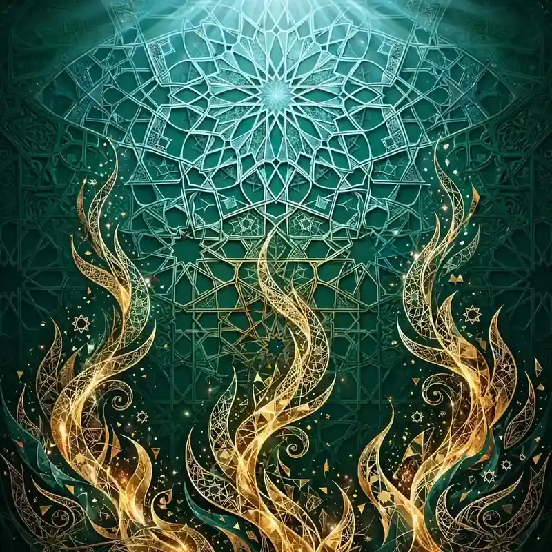 Abstract flames transforming into cool light in Islamic geometric art, emerald and gold