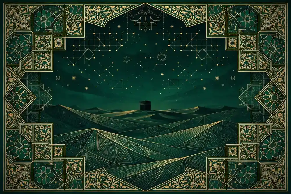Abstract distant Kaaba silhouette in a desert night in Islamic geometric art, emerald and gold