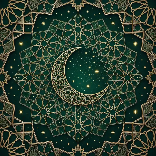 Abstract starry night sky with Islamic geometric patterns in emerald and gold