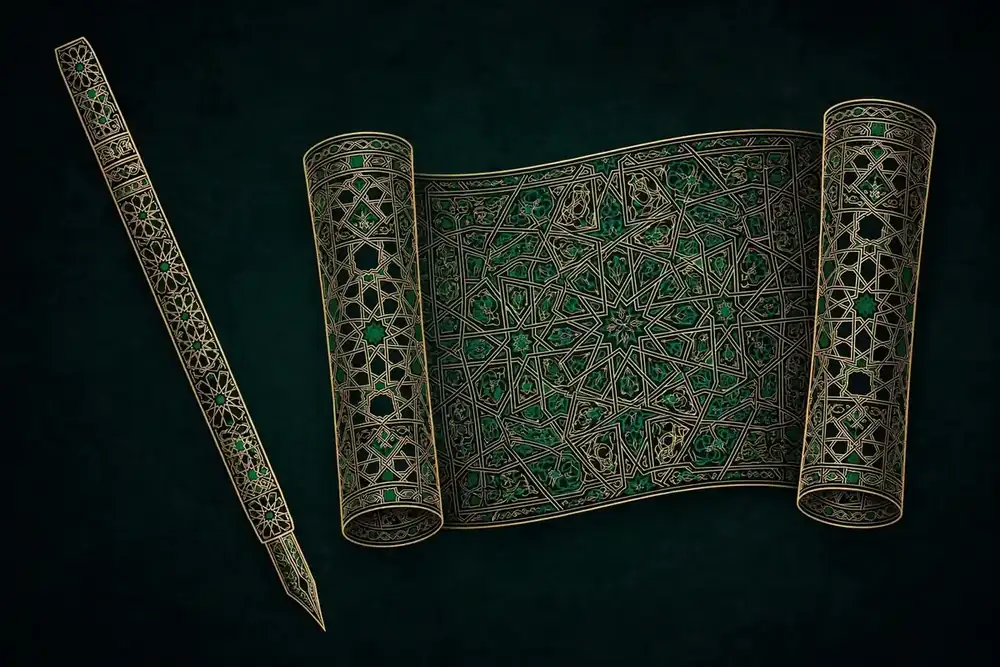 Abstract ancient pen and scroll rendered in Islamic geometric art, emerald and gold