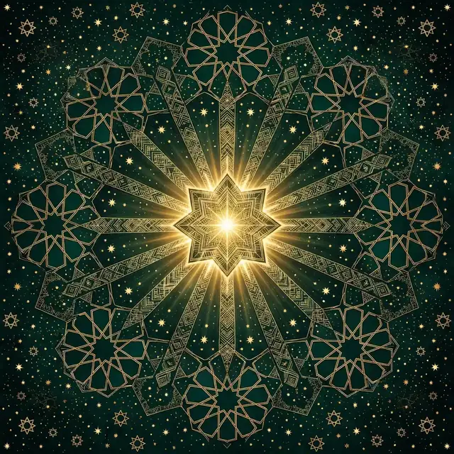 Abstract starry night sky with radiant light in Islamic geometric art, emerald and gold