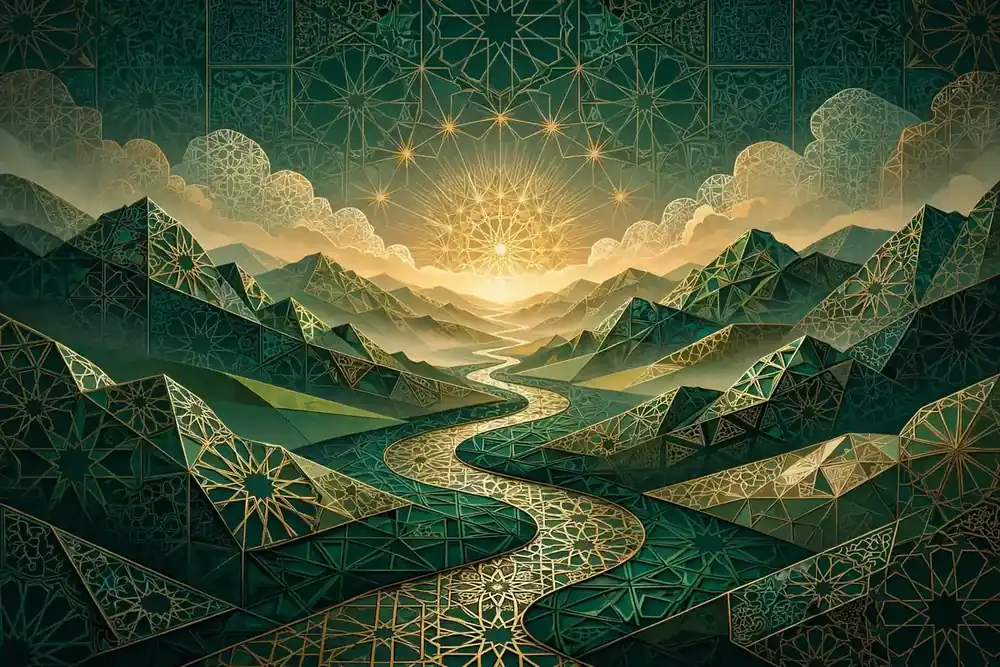 Abstract peaceful valley at sunrise in Islamic geometric art, emerald and gold