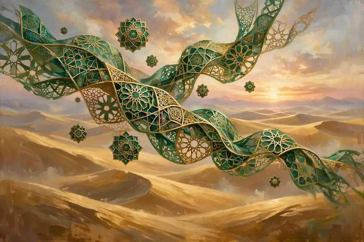 Abstract Islamic geometric timeline motif flowing across a desert sunrise