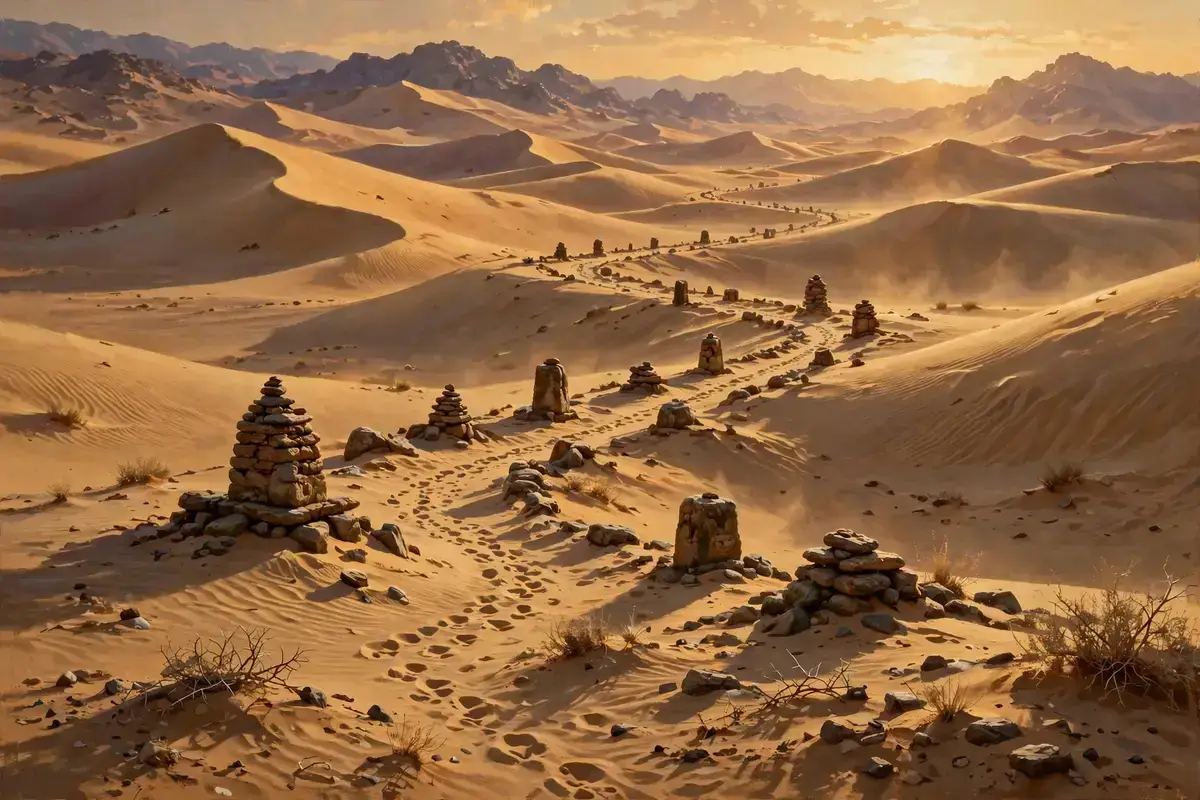 Ancient Arabian caravan route winding through desert dunes at golden hour