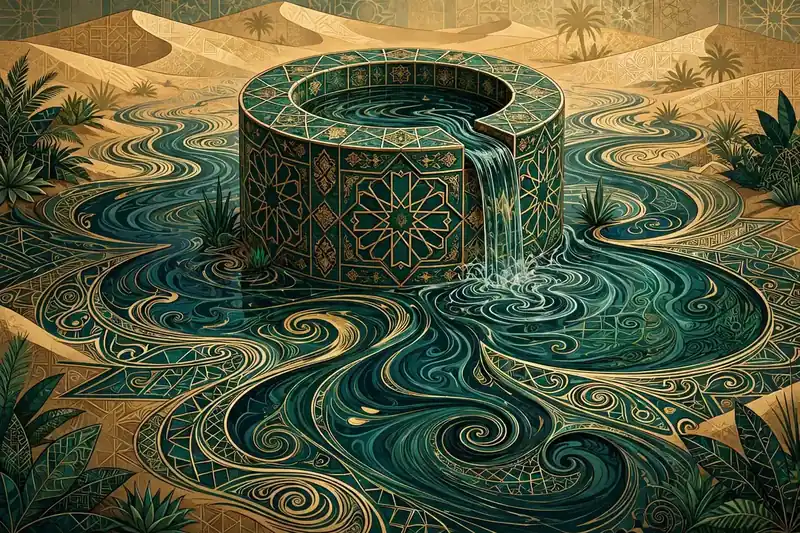Abstract desert well with flowing water in Islamic geometric art, emerald and gold