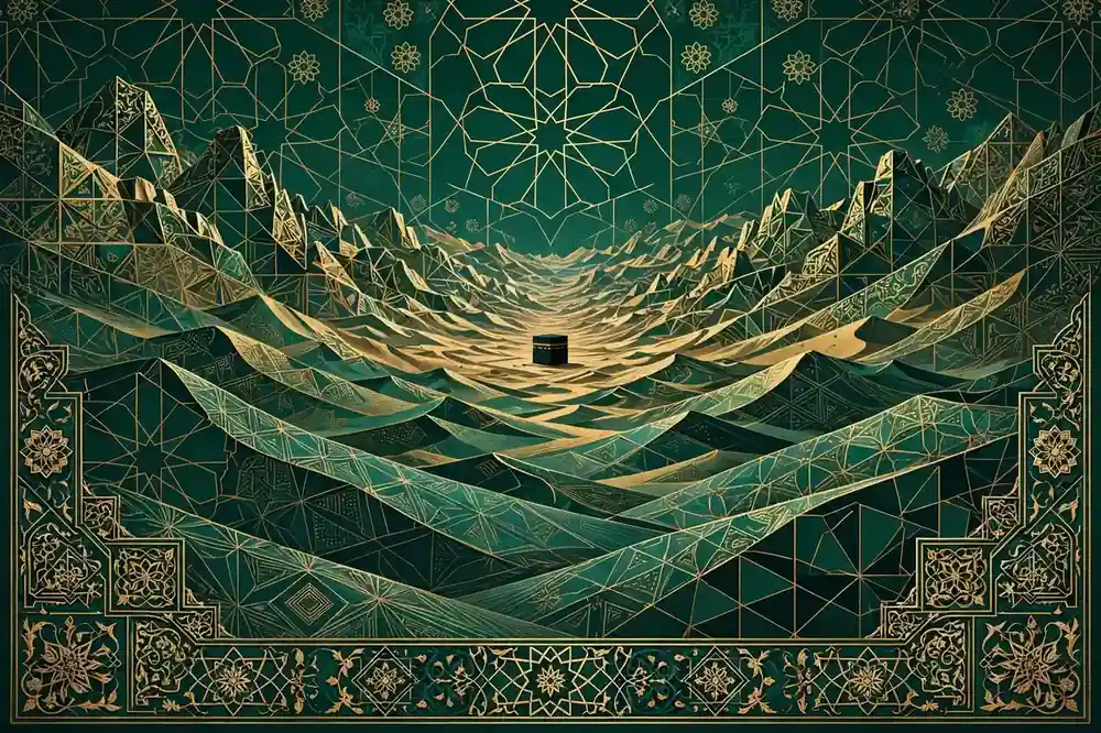 Abstract distant Kaaba silhouette in a desert valley in Islamic geometric art, emerald and gold