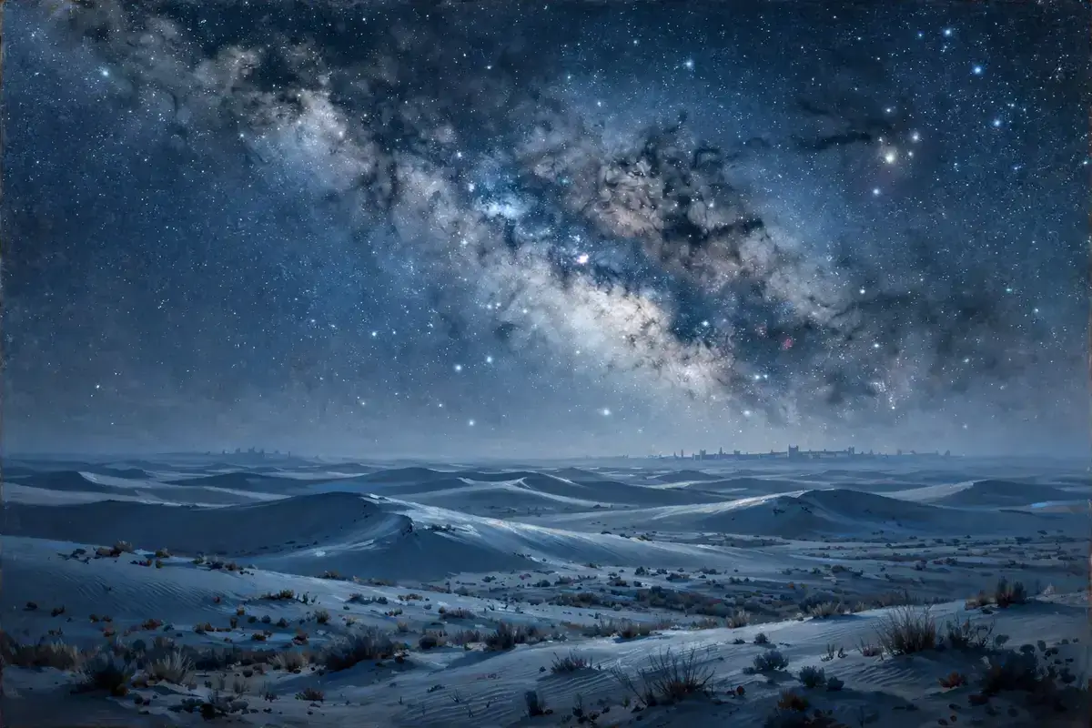 A star-filled night sky over a quiet desert with the silhouette of a distant ancient city