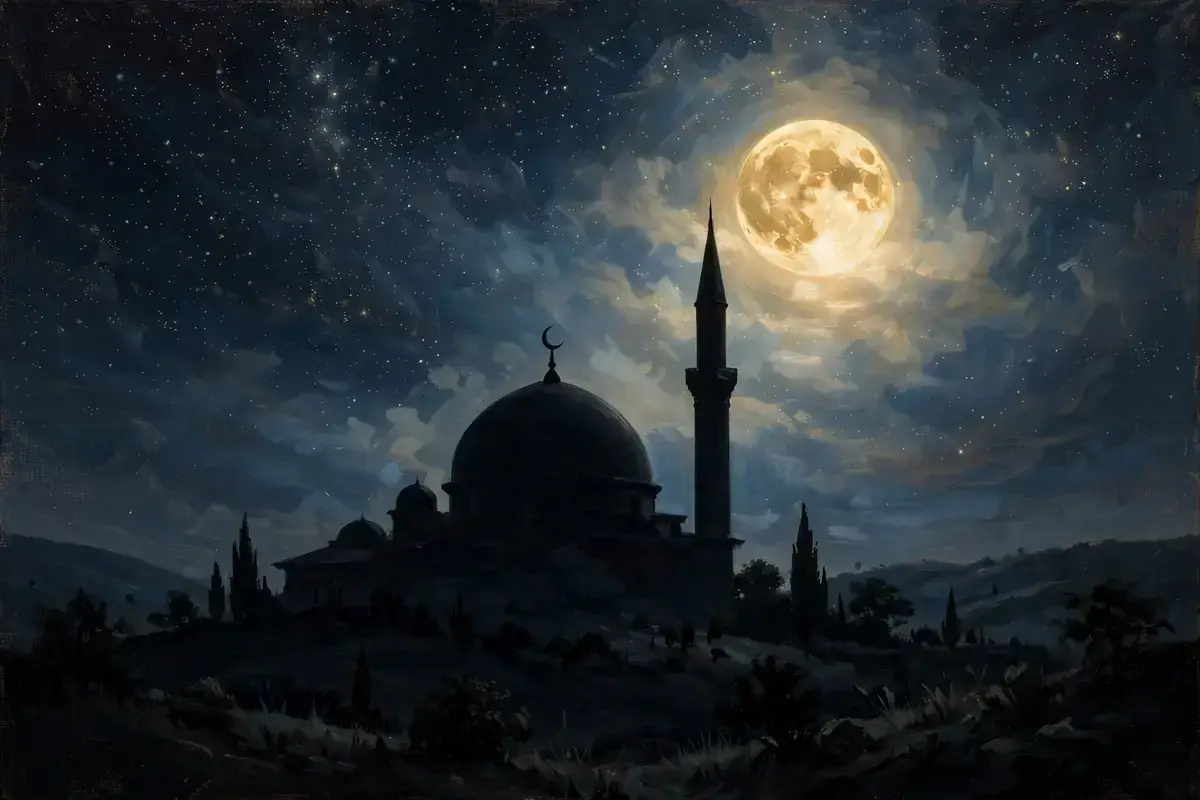 A domed sanctuary silhouette against a moonlit night sky with stars