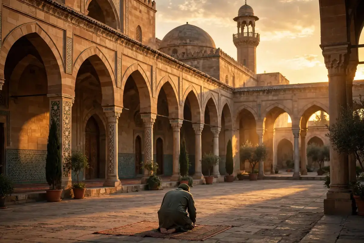 Person in prayer at a mosque during golden light