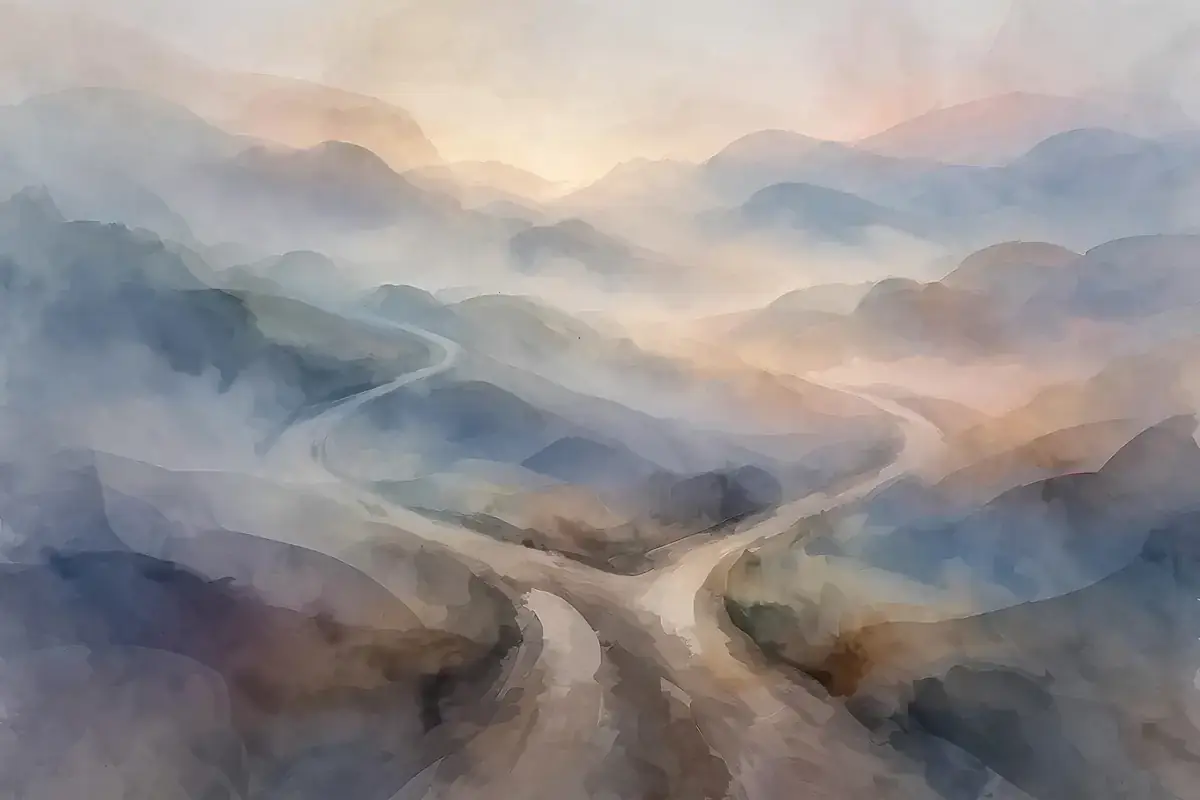 Crossroads path through misty hills at dawn