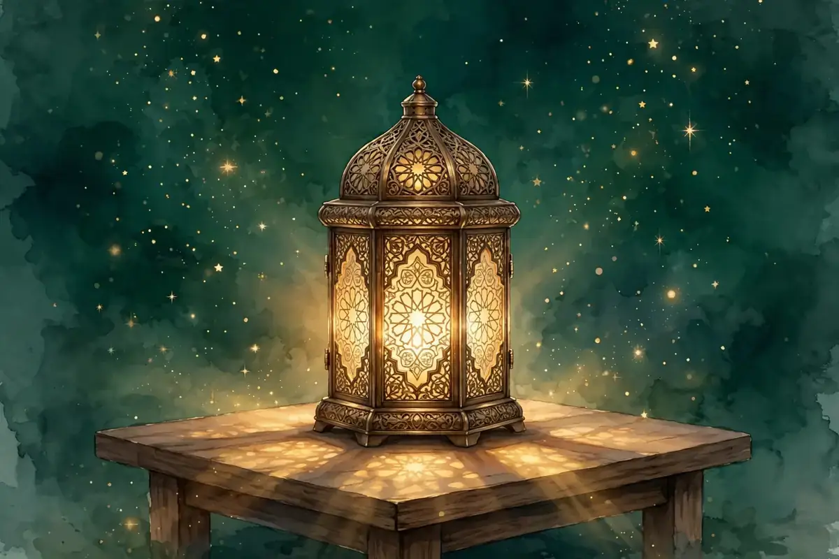 A glowing Islamic lantern at night with warm golden light