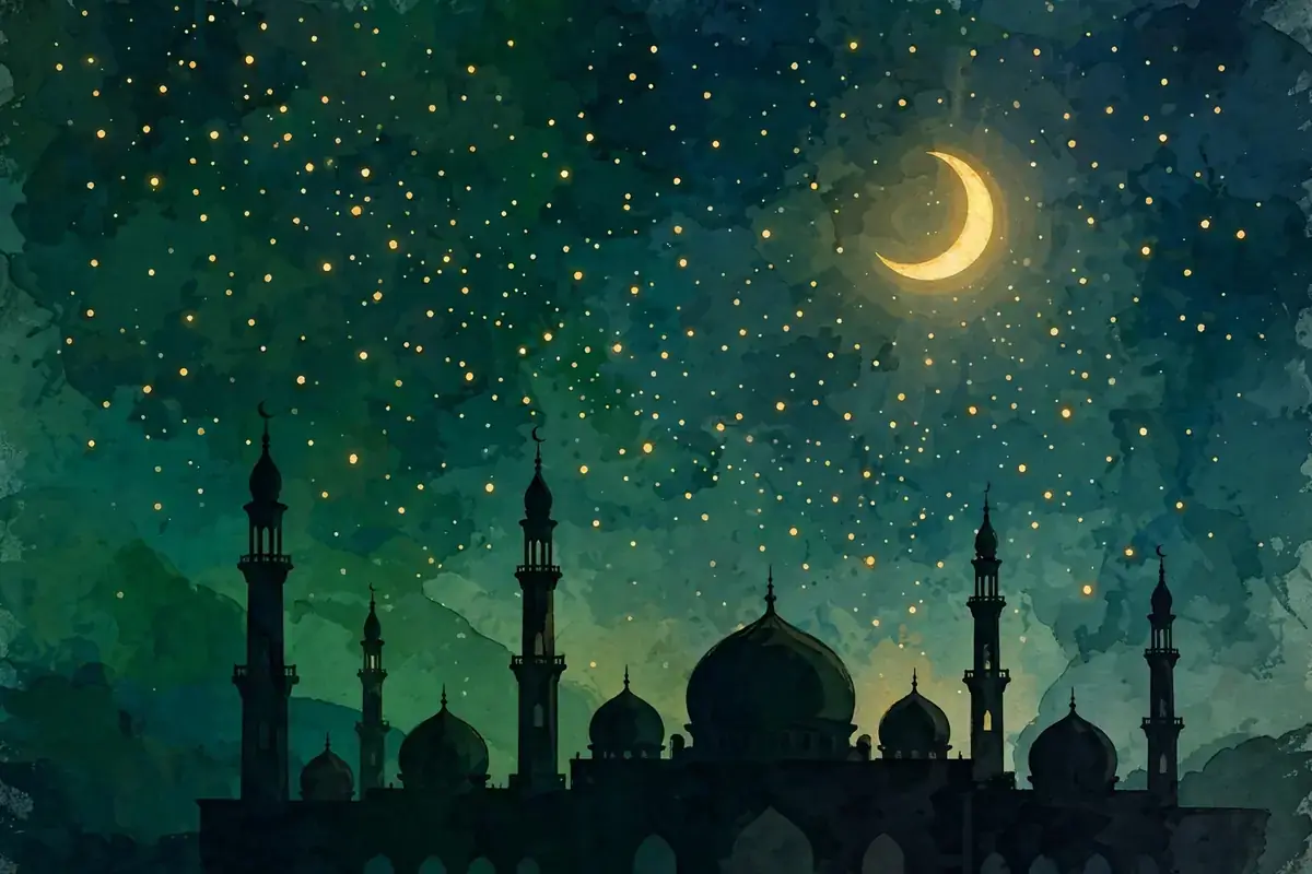 Starry night sky with a crescent moon over a mosque silhouette
