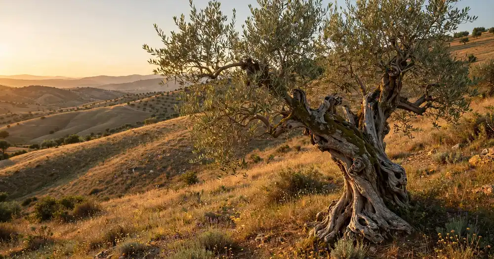 An old olive tree on a quiet hillside at golden hour